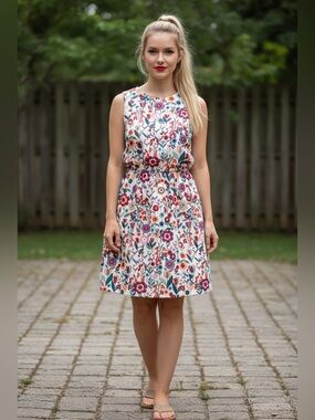 Valentino Floral Sleeveless A-Line Dress in Multi-Color
